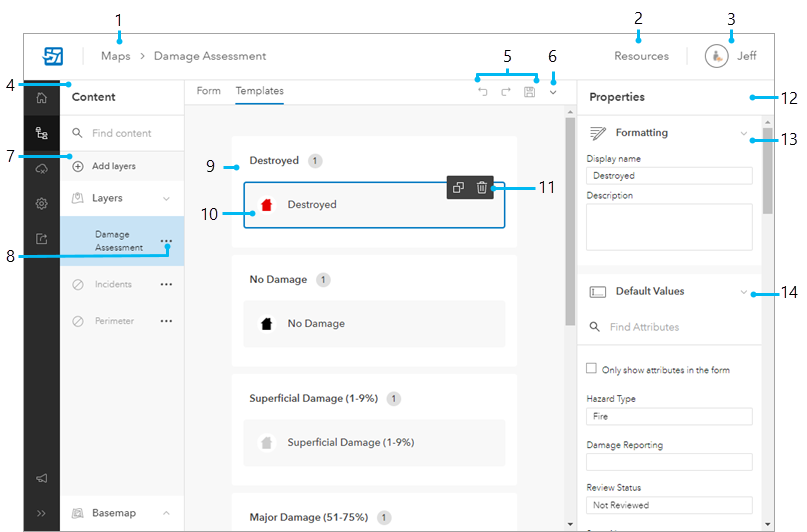 Die Seite "Inhalt" mit Feature-Vorlagen